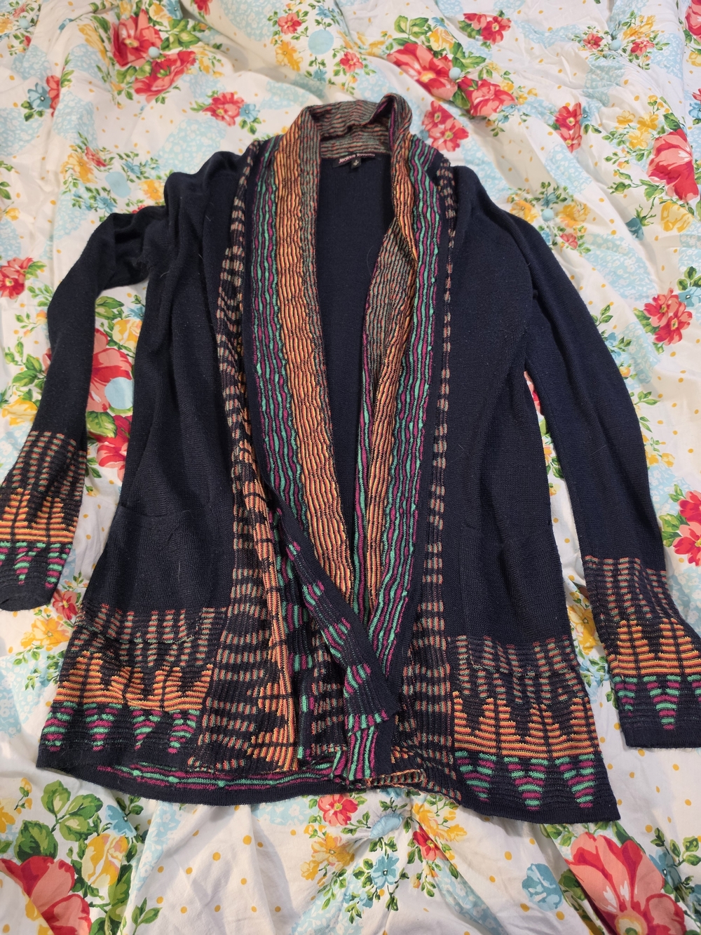 Jealous Tomato Navy Open-Front Cardigan with Orange, Teal & Pink Trim